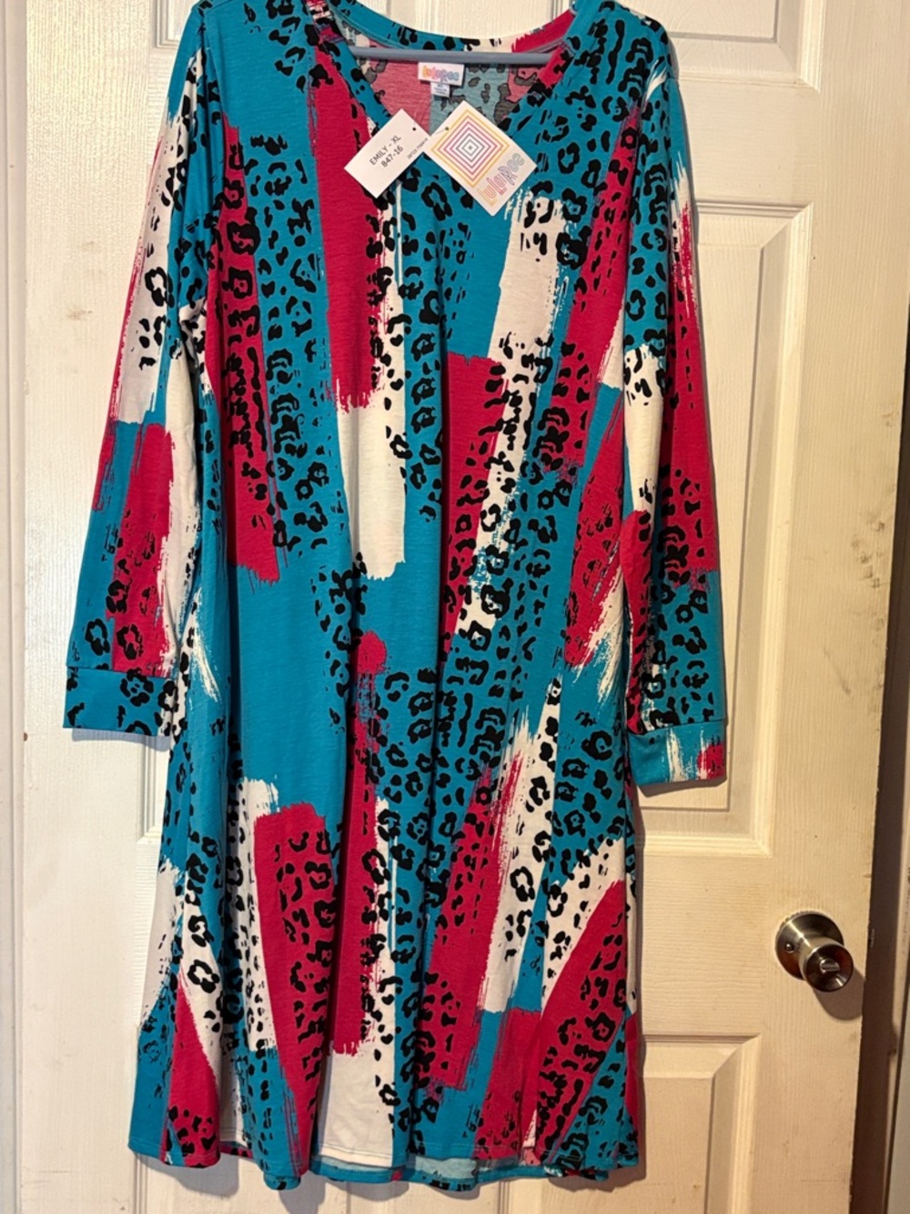 LuLaRoe Emily Teal, Hot Pink & White Abstract Leopard Print Dress XL 18-20
